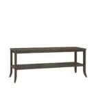 Long wooden console table with a lower shelf, curved legs, and detailed edge trim in a warm medium wood finish.