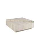 Rectangular travertine coffee table with layered geometric slabs and a natural stone finish featuring subtle linear veining.