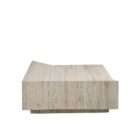Rectangular travertine coffee table with layered geometric slabs and a natural stone finish featuring subtle linear veining.