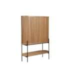 Rounded wood bar cabinet with vertical fluted detailing, black metal legs, and an open lower shelf.