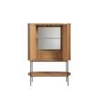 Rounded wood bar cabinet with vertical fluted detailing, black metal legs, and an open lower shelf.