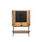 Rounded wood bar cabinet with vertical fluted detailing, black metal legs, and an open lower shelf.