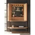 Rounded wood bar cabinet with vertical fluted detailing, black metal legs, and an open lower shelf.