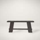 Dark wood console table with a thick rectangular top, angled pedestal-style legs, and a horizontal support stretcher.