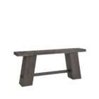 Dark wood console table with a thick rectangular top, angled pedestal-style legs, and a horizontal support stretcher.