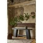 Dark wood console table with a thick rectangular top, angled pedestal-style legs, and a horizontal support stretcher.