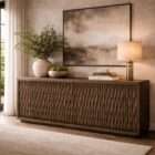 Wood credenza with a textured carved front, featuring vertical organic wave patterns and a rich warm wood finish.