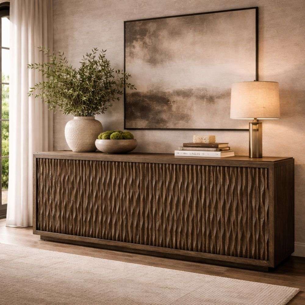 Wood credenza with a textured carved front, featuring vertical organic wave patterns and a rich warm wood finish.