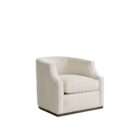 Swivel accent chair upholstered in a soft textured cream fabric with a curved back and concealed base.