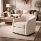 Swivel accent chair upholstered in a soft textured cream fabric with a curved back and concealed base.