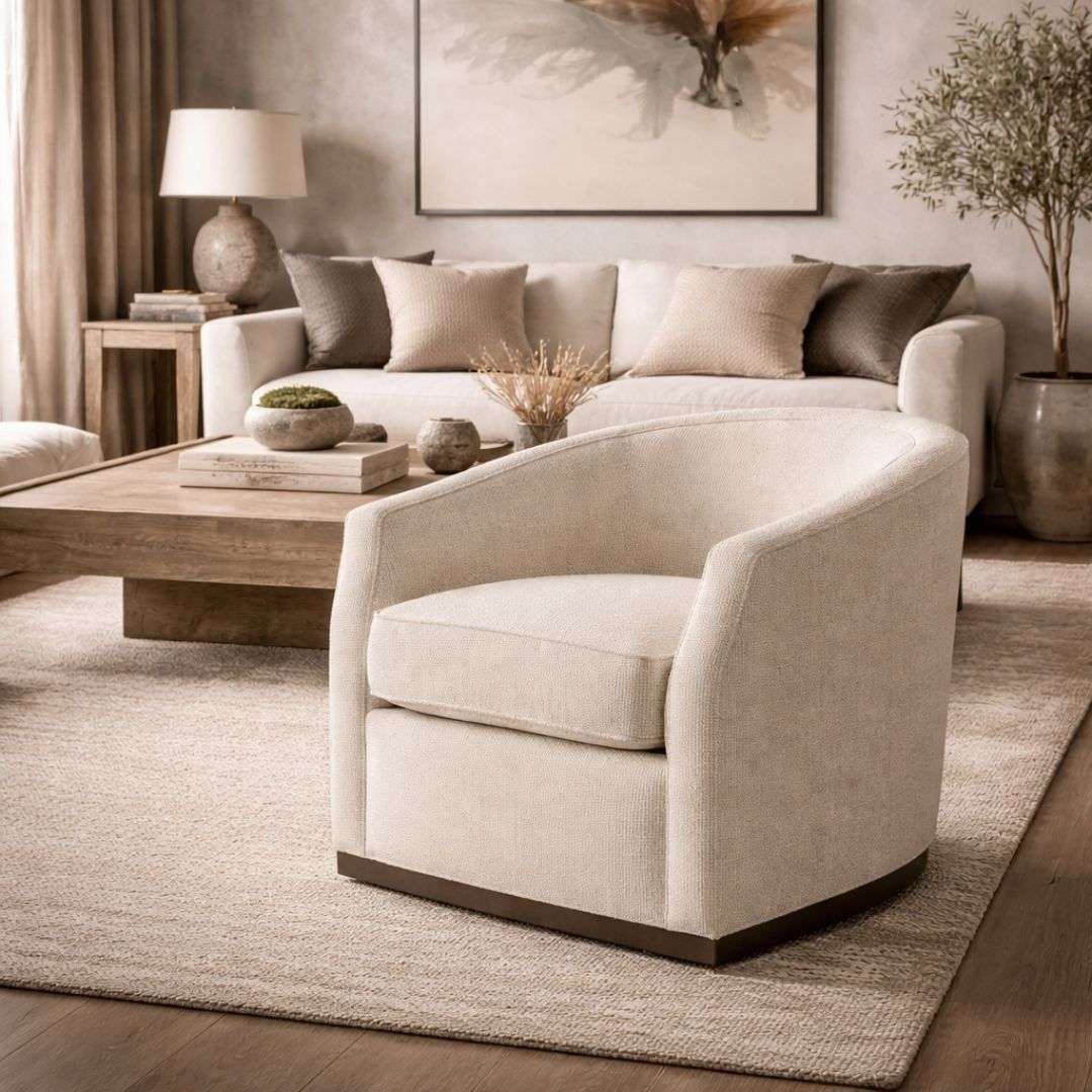 Swivel accent chair upholstered in a soft textured cream fabric with a curved back and concealed base.