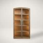 Tall wood display cabinet with arched top, glass-paneled double doors, and interior shelving with warm lighting.