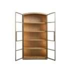 Tall wood display cabinet with arched top, glass-paneled double doors, and interior shelving with warm lighting.