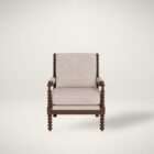 Upholstered accent chair with a natural linen cushion and back, featuring a dark wood frame with turned spindle detailing on the arms and legs.