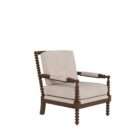 Upholstered accent chair with a natural linen cushion and back, featuring a dark wood frame with turned spindle detailing on the arms and legs.