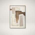 Abstract wall art featuring layered neutral tones with textured beige, cream, and warm brown forms in a black frame.