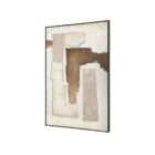 Abstract wall art featuring layered neutral tones with textured beige, cream, and warm brown forms in a black frame.