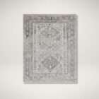 Monte Carlo area rug featuring a distressed traditional pattern in soft grey and ivory tones