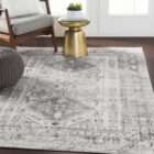 Monte Carlo area rug featuring a distressed traditional pattern in soft grey and ivory tones