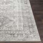 Monte Carlo area rug featuring a distressed traditional pattern in soft grey and ivory tones