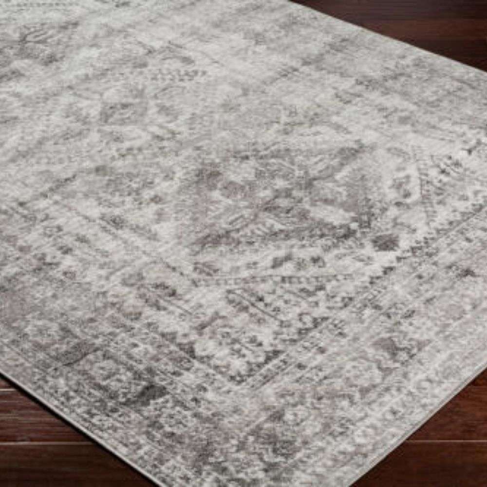Monte Carlo area rug featuring a distressed traditional pattern in soft grey and ivory tones