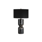 Black marble table lamp with sculptural hourglass base and black drum shade.