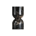 Close-up of a sculptural black marble table lamp base with warm brown and white veining.