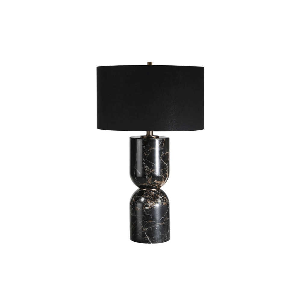 Black marble table lamp with sculptural hourglass base and black drum shade.