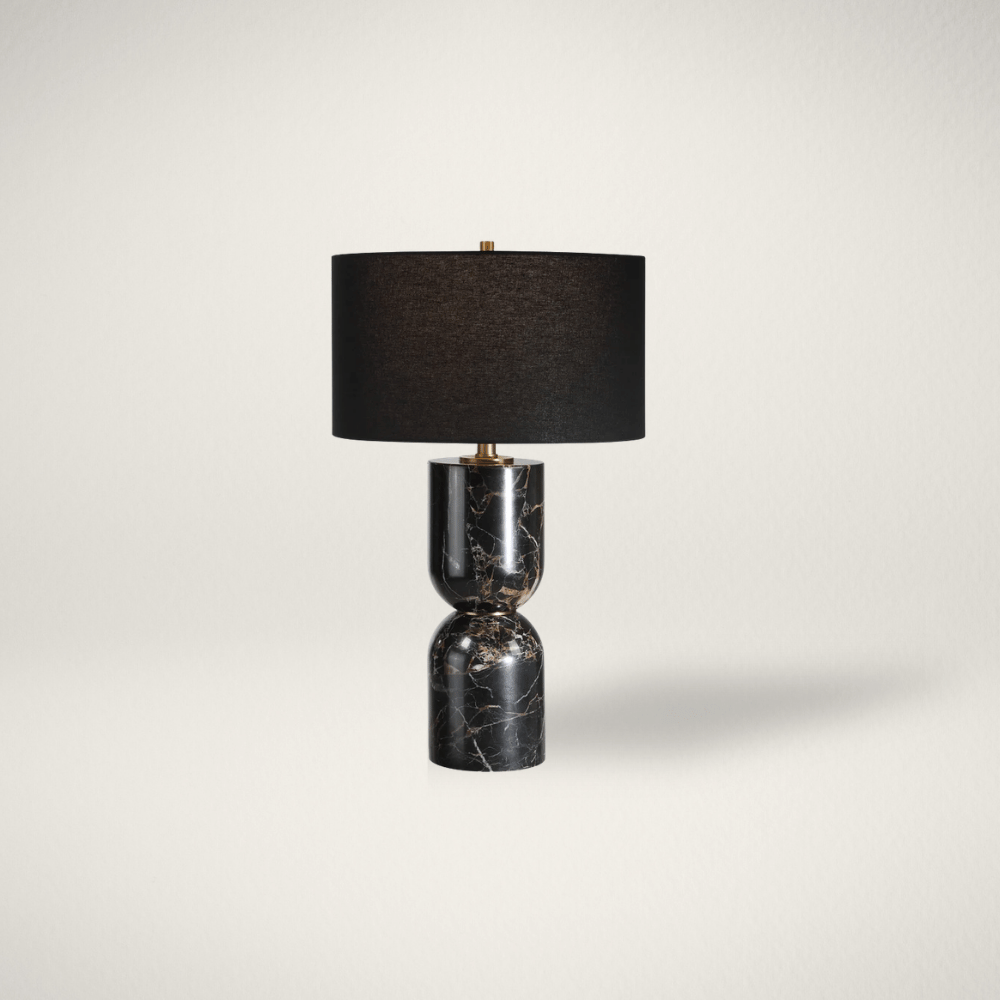 Luxury Black Marble Table Lamp | Urbanhome Interior Design Sculptural black marble table lamp with black fabric shade shown against a neutral background.